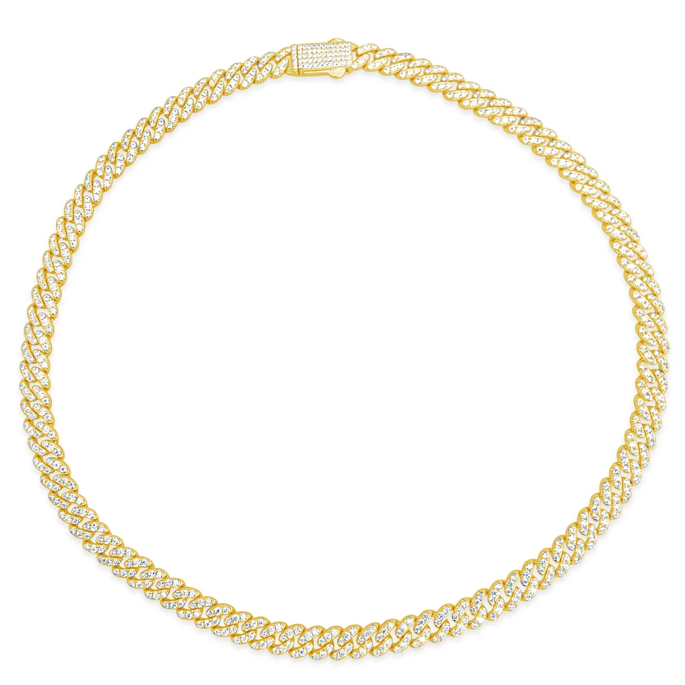 Yellow Gold Plated Sterling Silver  Cuban Link  Cubic Zirconia Necklace 155085