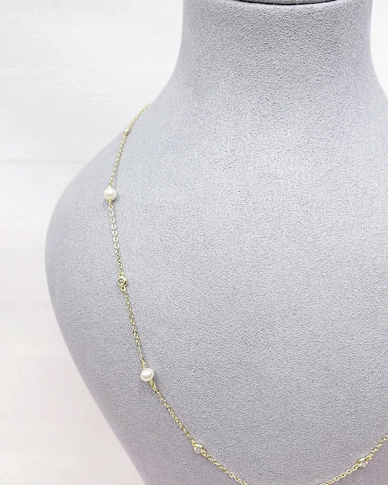 Gold Plated Sterling Silver Cubic Zirconia Pearl Necklace 152275