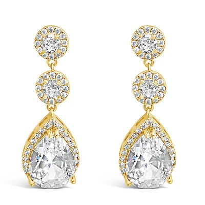 Bridal  Gold Tear Drop Halo  Cubic Zirconia Earrings 155159