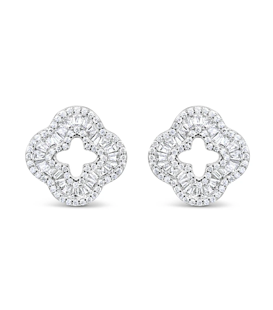 Sterling Silver Clover baguette  Cubic Zirconia Earrings 155057