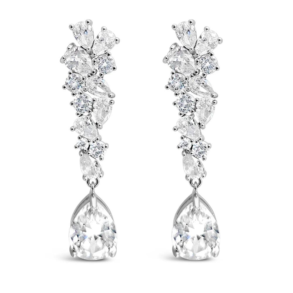 Bridal Silver Tear Drop Cluster Long Cubic Zirconia Earrings 155181