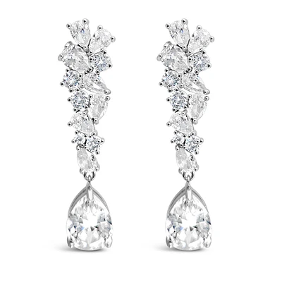 Bridal  Silver Tear Drop Cluster  Long  Cubic Zirconia Earrings 155181