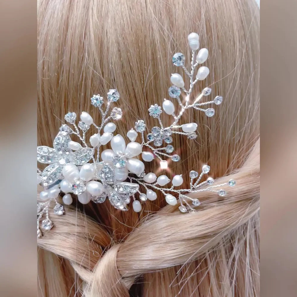 Bridal Silver Leaf Pearl Hair Clip 137529