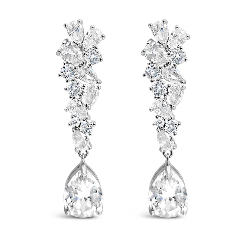 Bridal  Silver Tear Drop Cluster  Long  Cubic Zirconia Earrings 155181
