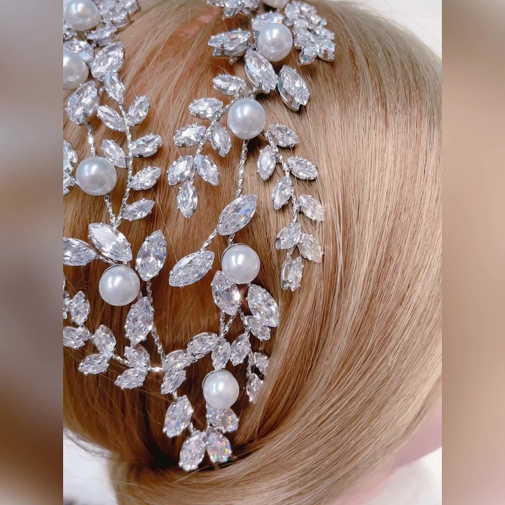 Bridal Silver Pearl Cubic Zirconia Headband 145826
