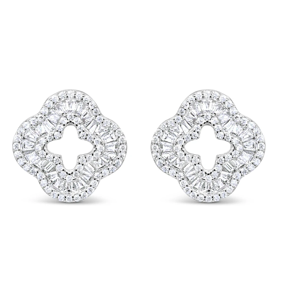 Sterling Silver Clover baguette Cubic Zirconia Earrings 155057