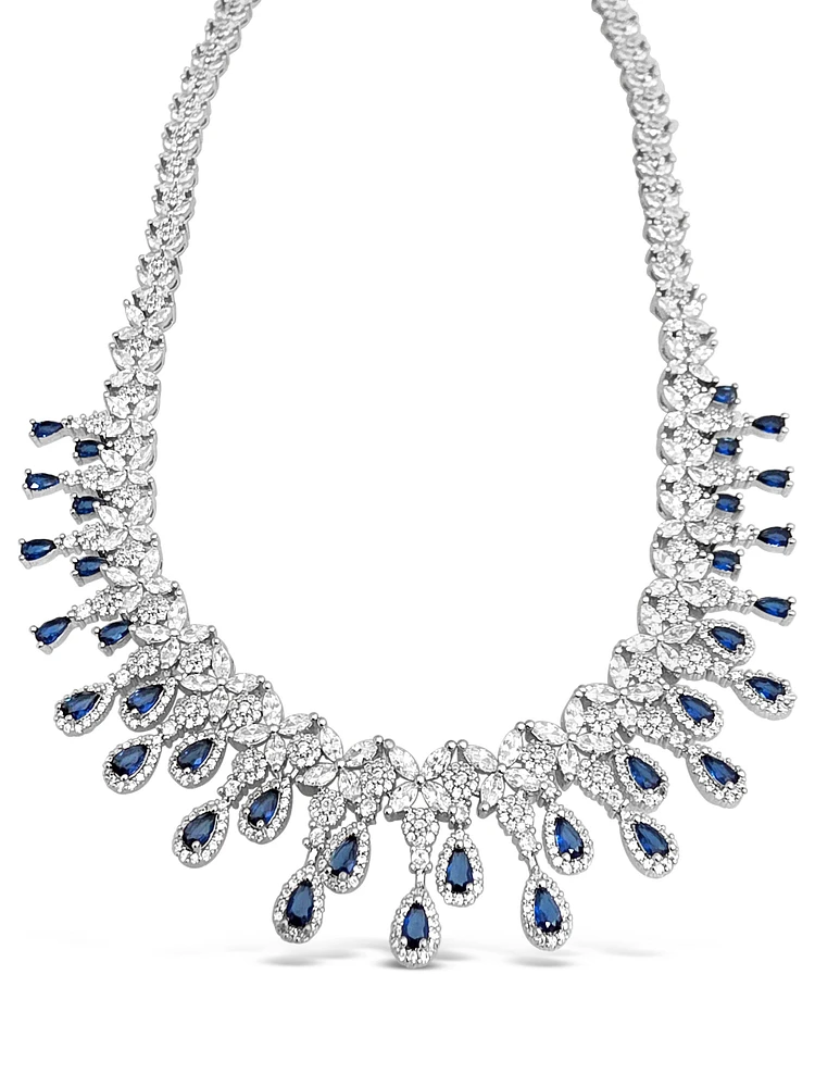 Bridal Silver Tear Drop Sapphire  Cubic Zirconia Necklace +Earrings Set 155007