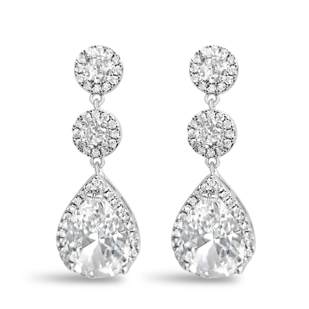 Bridal Silver Tear Drop Halo Cubic Zirconia Earrings 155158