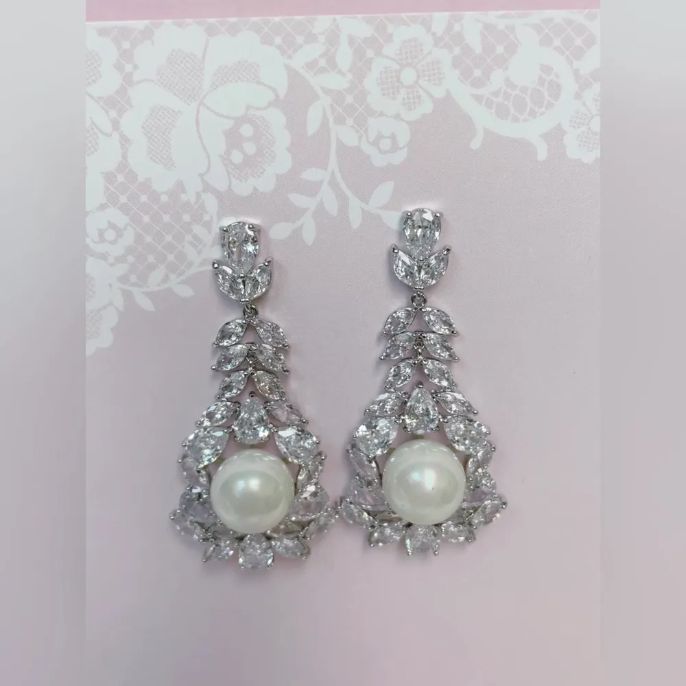 Bridal Pearl Cubic Zirconia Drop Earrings 145903