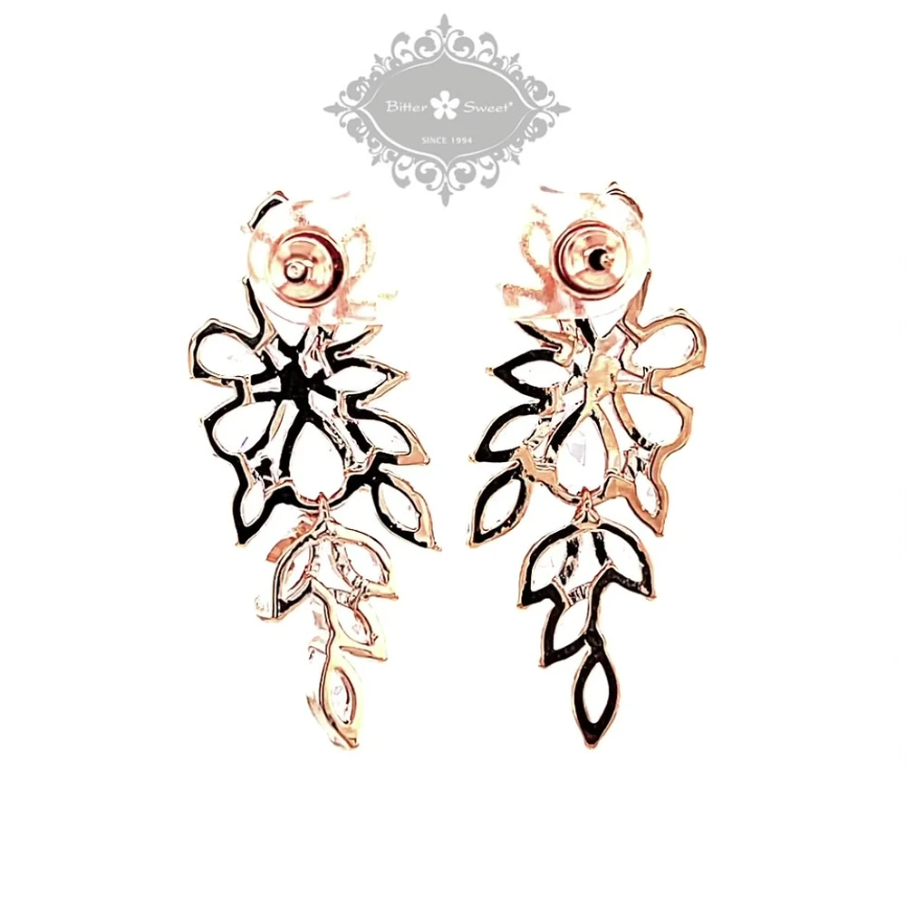 Bridal Rose Gold Cubic Zirconia Floral Drop Earrings 142870