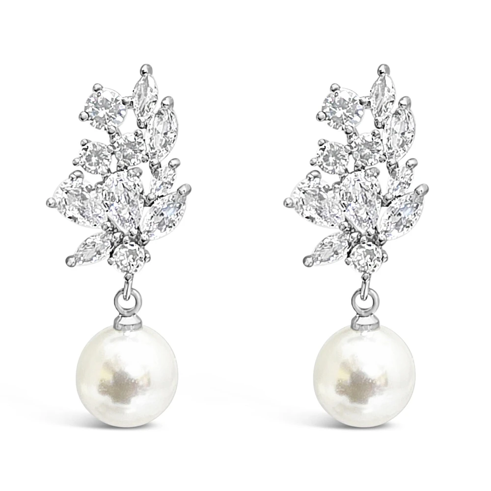 Bridal  Silver Tear Drop Pearl   Cubic Zirconia Earrings 155162