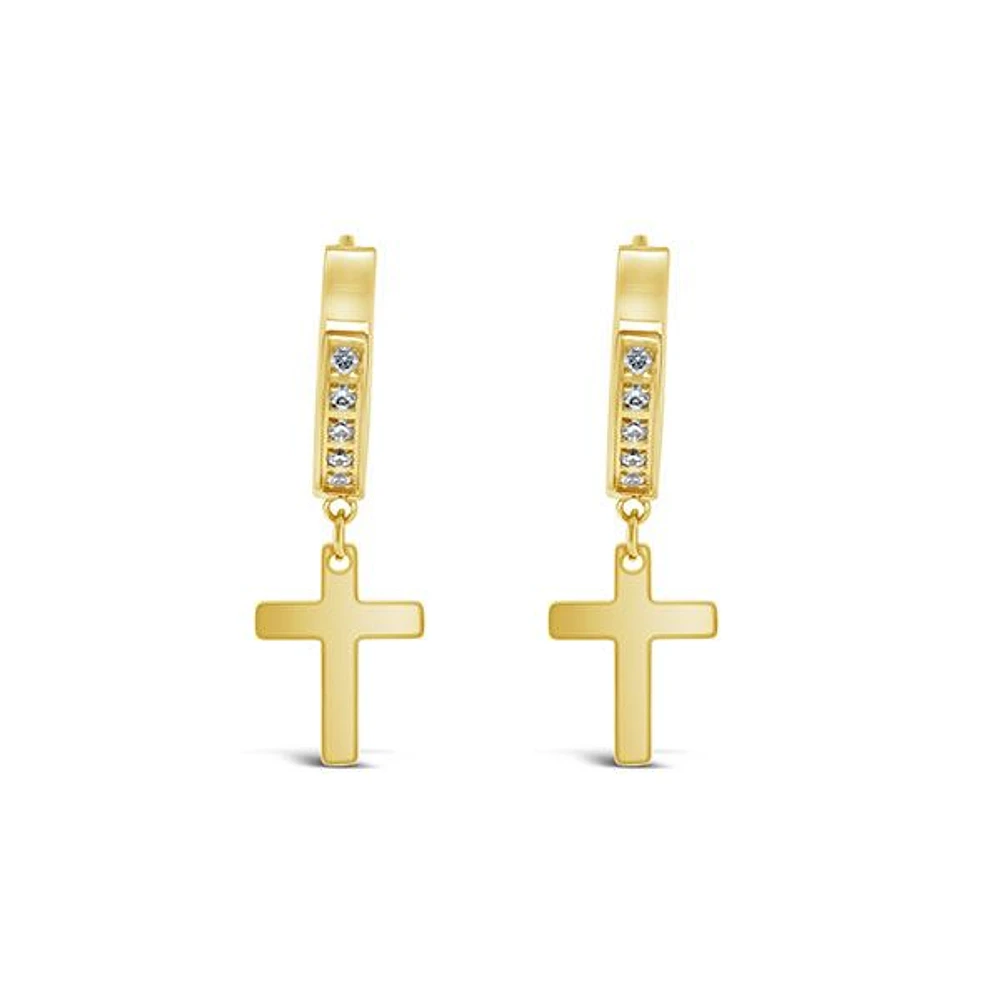 Stainless Steel Cubic Zirconia Gold Cross Huggie Earrings 150104