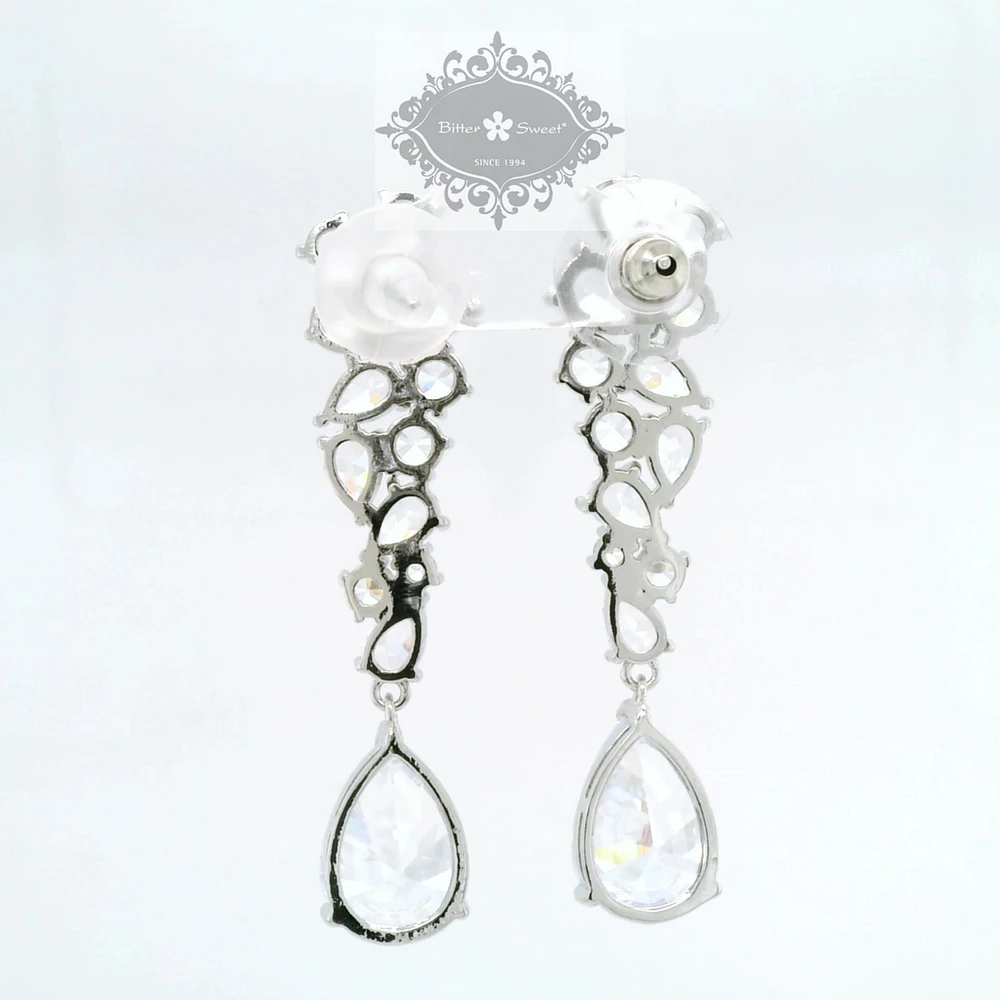 Bridal  Silver Tear Drop Cluster  Long  Cubic Zirconia Earrings 155181