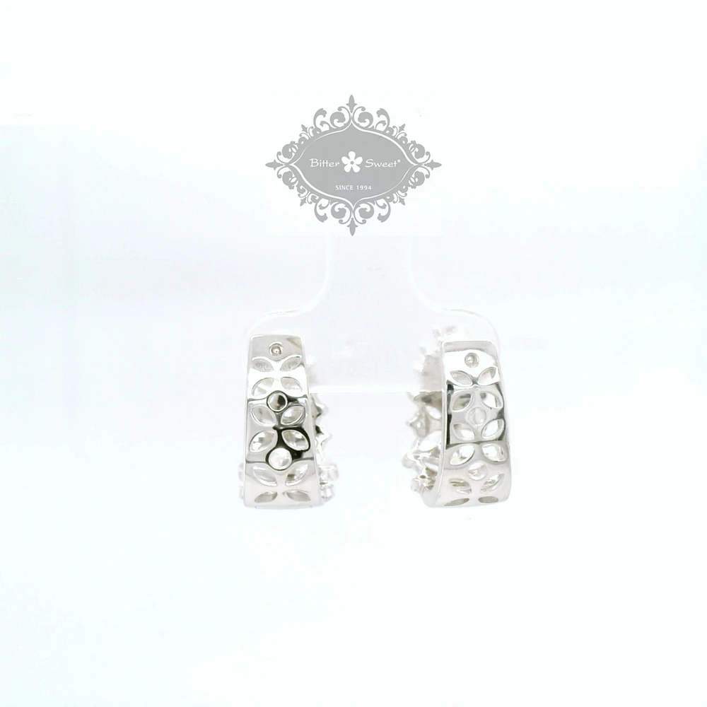 Sterling Silver  Flower  Cubic Zirconia Huggies Earrings 155065