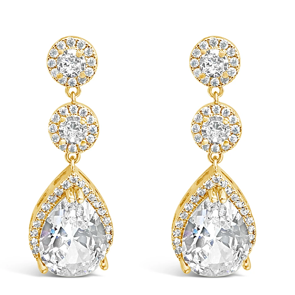 Bridal  Gold Tear Drop Halo  Cubic Zirconia Earrings 155159