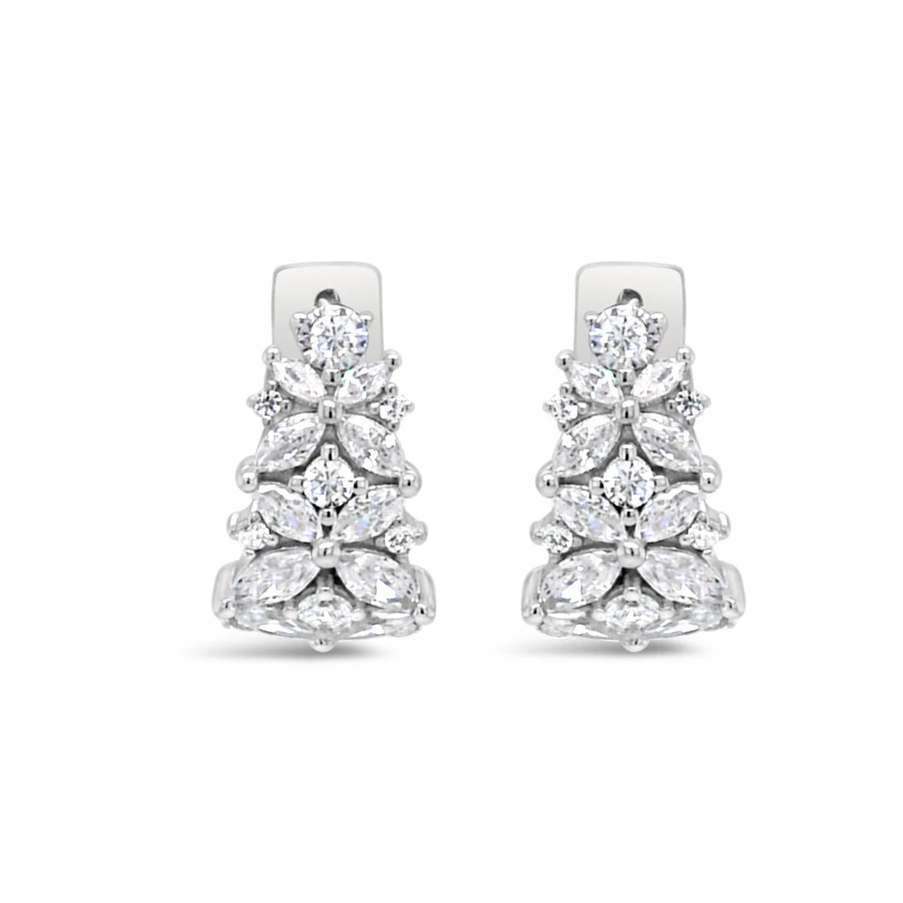 Sterling Silver  Flower  Cubic Zirconia Huggies Earrings 155065