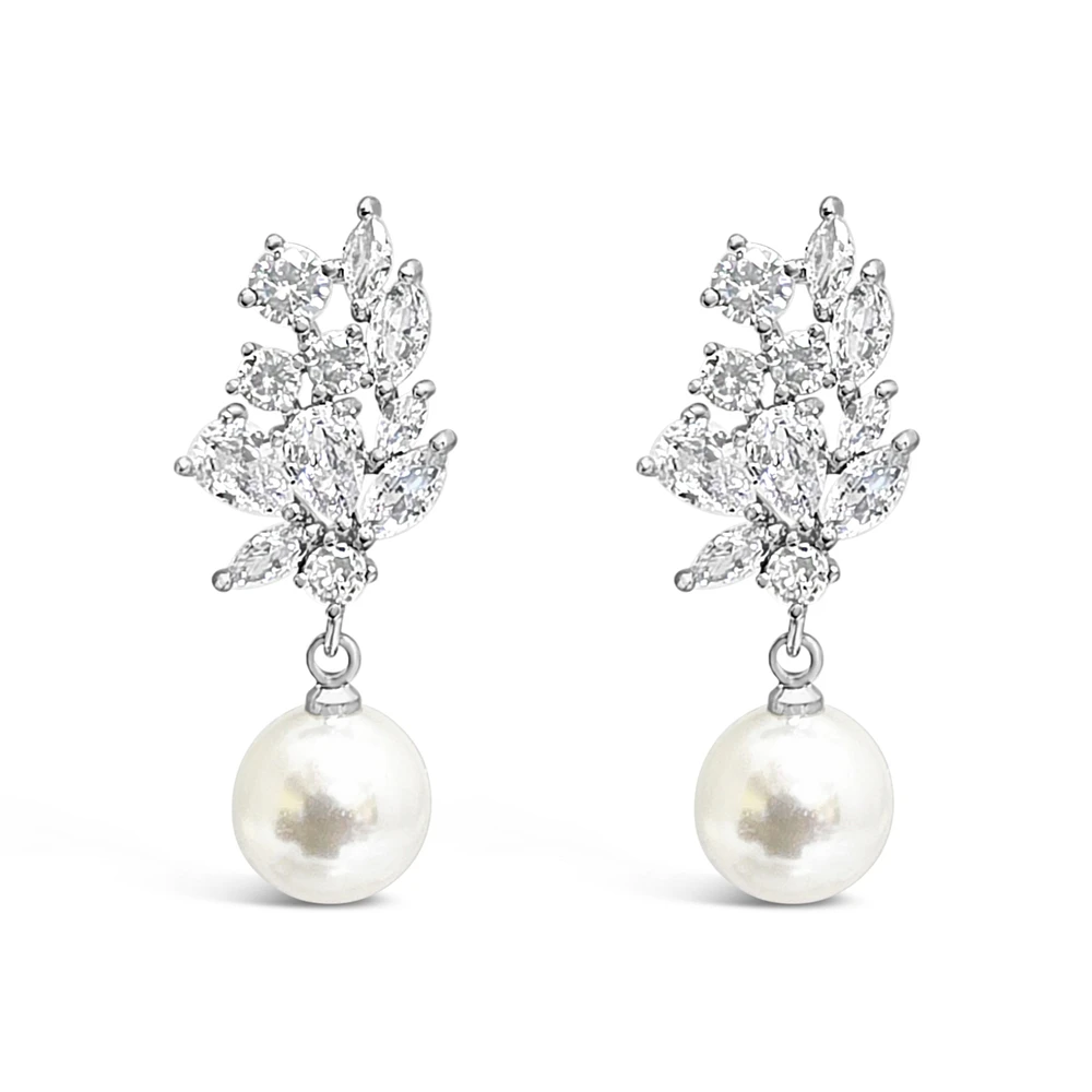 Bridal  Silver Tear Drop Pearl   Cubic Zirconia Earrings 155162