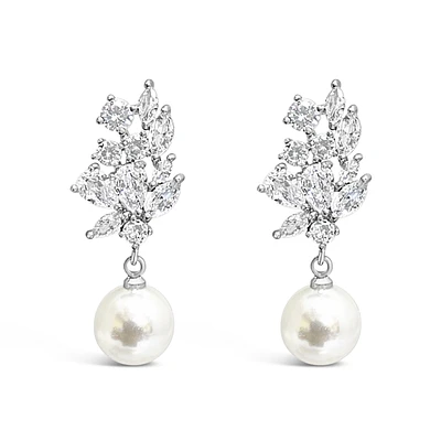 Bridal  Silver Tear Drop Pearl   Cubic Zirconia Earrings 155162