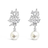 Bridal  Silver Tear Drop Pearl   Cubic Zirconia Earrings 155162