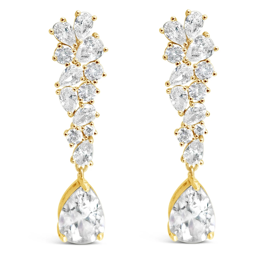Bridal  Gold Tear Drop Cluster  Long  Cubic Zirconia Earrings 155182