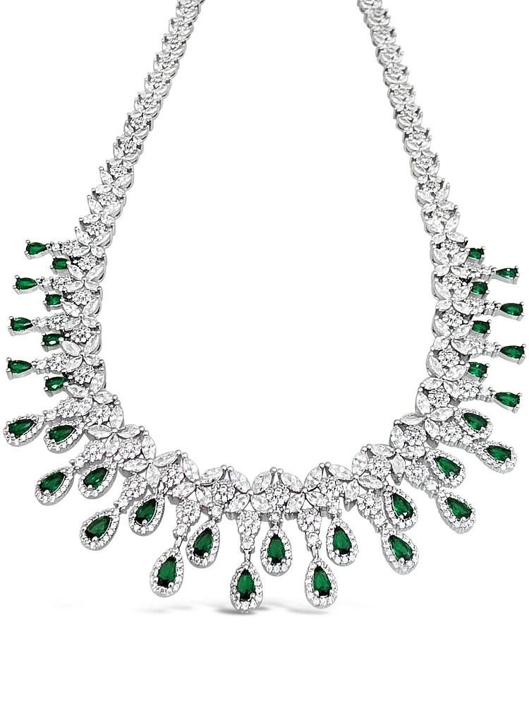 Bridal Silver Tear Drop Emerald  Cubic Zirconia Necklace +Earrings Set155006