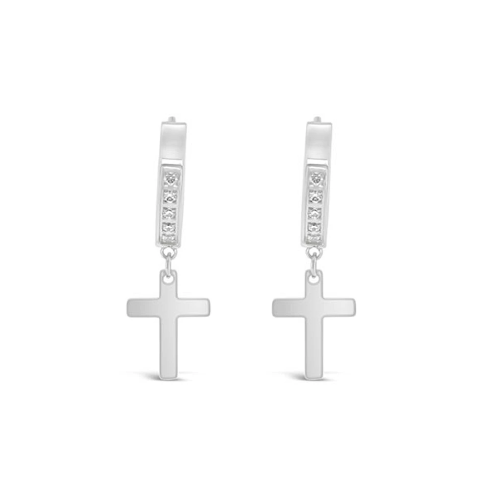 Stainless Steel Cubic Zirconia Silver Cross Huggie Earrings 150103