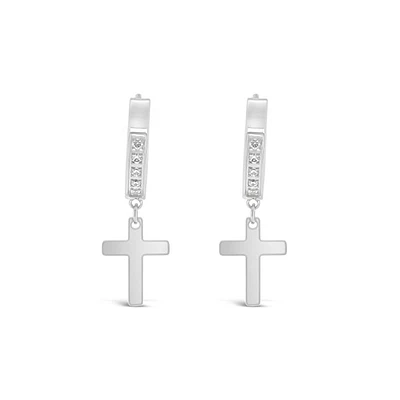 Stainless Steel Cubic Zirconia Silver Cross Huggie Earrings 150103