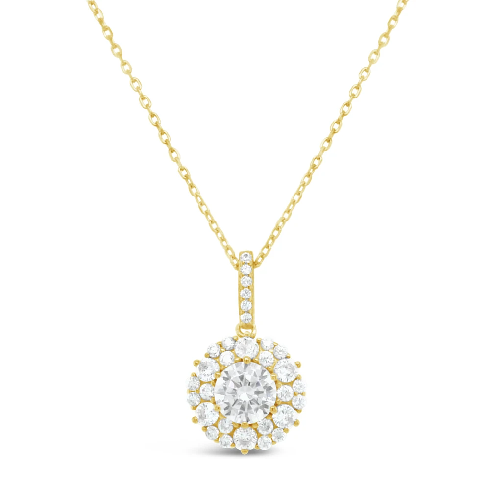 Yellow Gold Plated Sterling Silver Round Outline Cubic Zirconia Necklace 155046