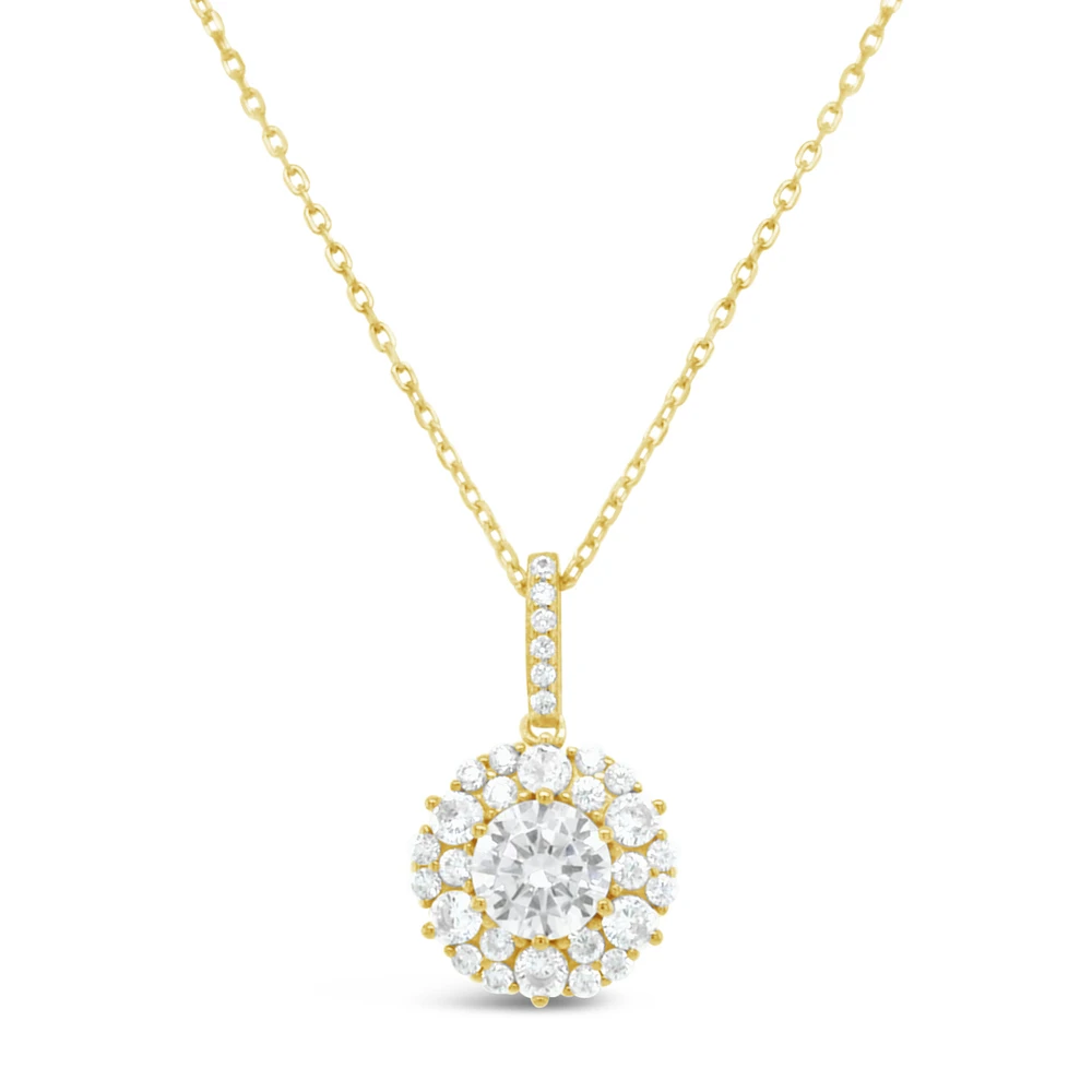 Yellow Gold Plated Sterling Silver Round Outline Cubic Zirconia Necklace 155046