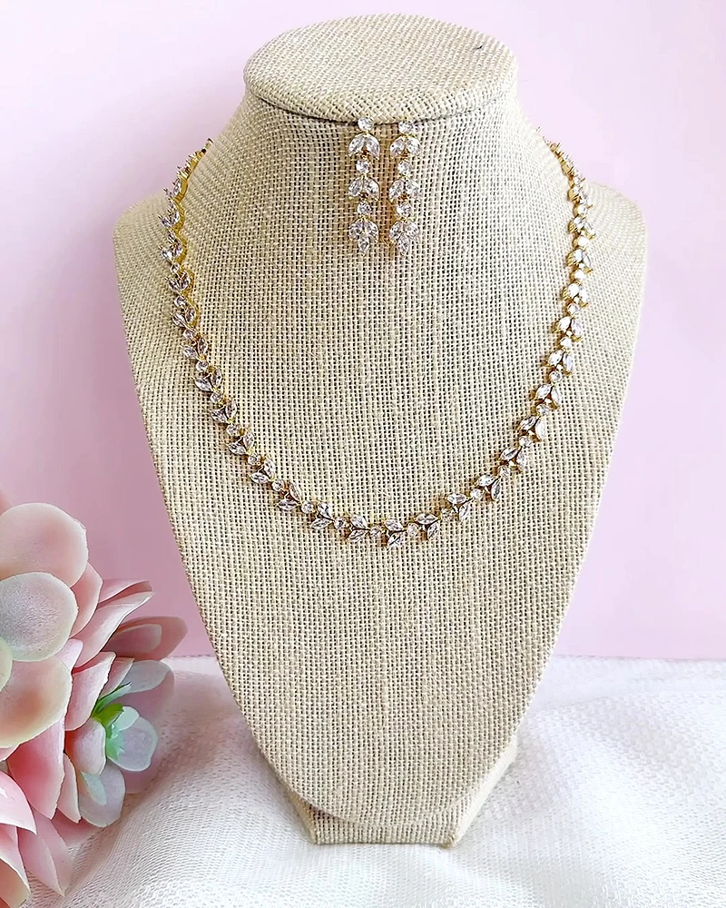 Bridal Gold Cubic Zirconia Necklace and Earrings Set