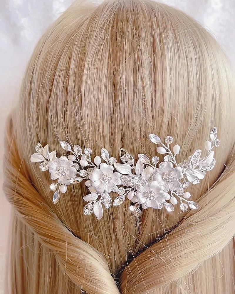 Bridal Silver Flower Pearl Hair Clip 152432