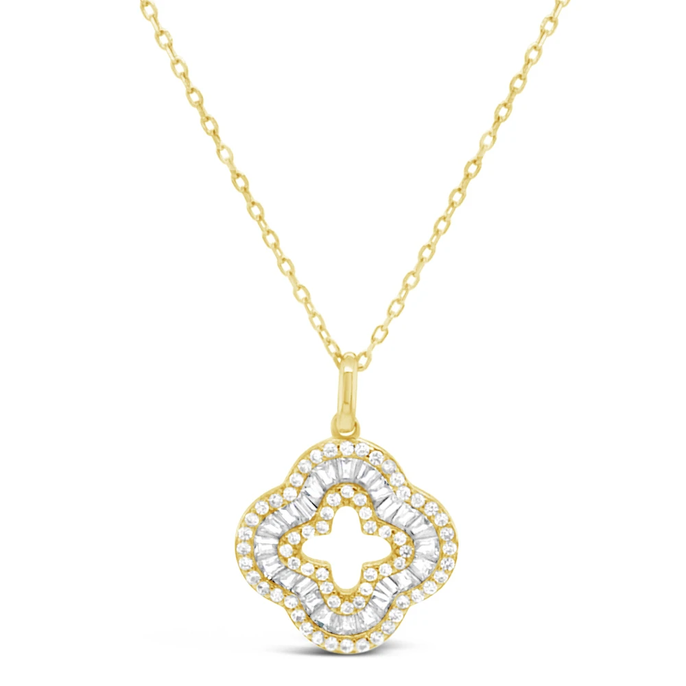 Yellow Gold Plated Sterling Silver Clover Baguette Cubic Zirconia Necklace155058