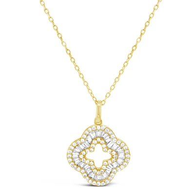 Yellow Gold Plated Sterling Silver Clover Baguette Cubic Zirconia Necklace155058
