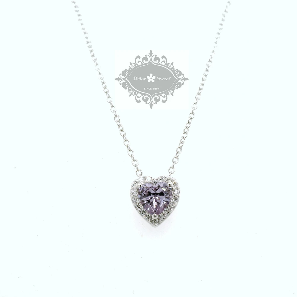 Sterling Silver flower Cubic Zirconia Heart Lavender Necklace 153554