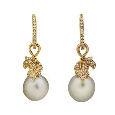 Diamond Leaf Pearl Earrings