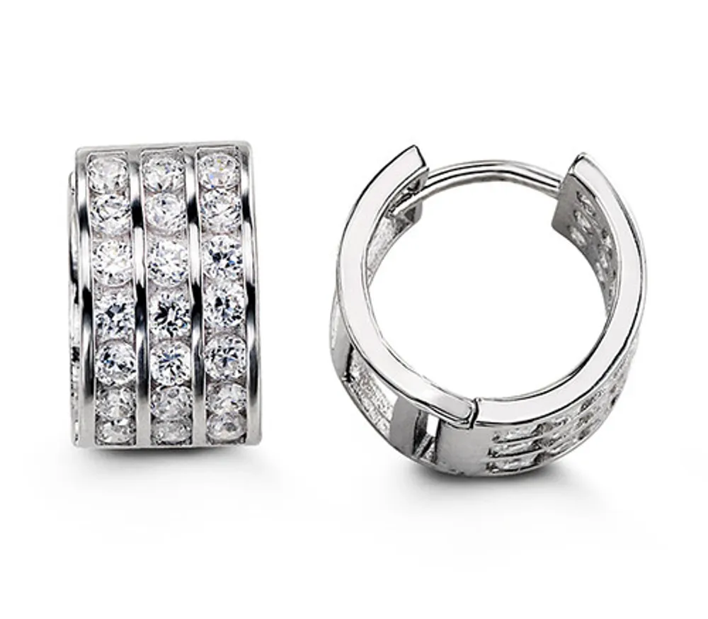 Sterling Silver CZ Huggies, Three Row Channel (Large)