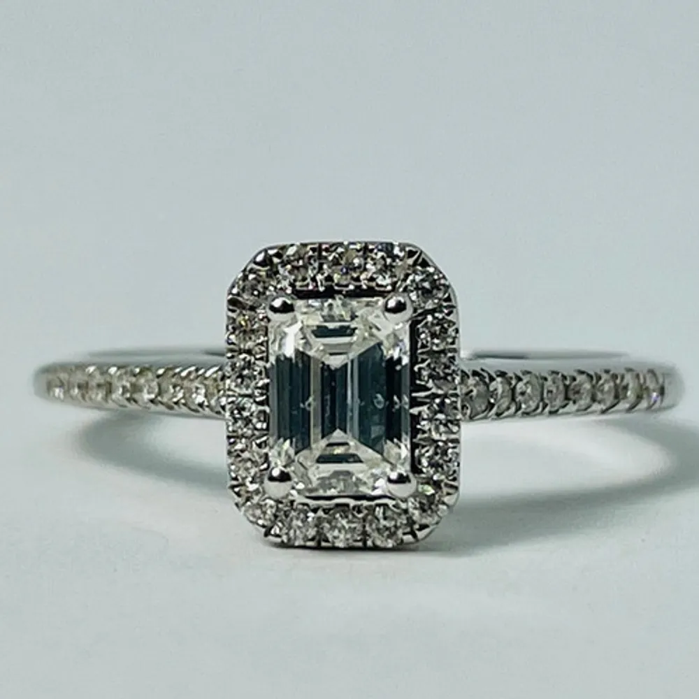 14kt White Gold Emerald Cut Diamond Halo Engagement Ring