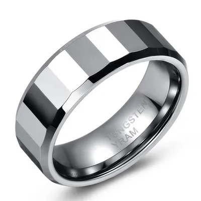 8mm Tungsten band with high polish mirror finish facets, tapered edges