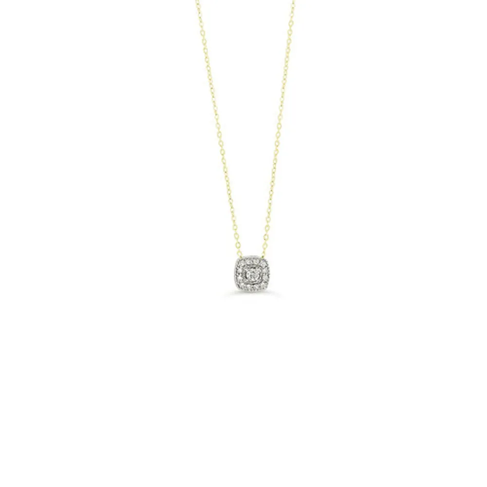 10K YG 0.08CT Diamond Princess Shape Halo Pendant with Chain