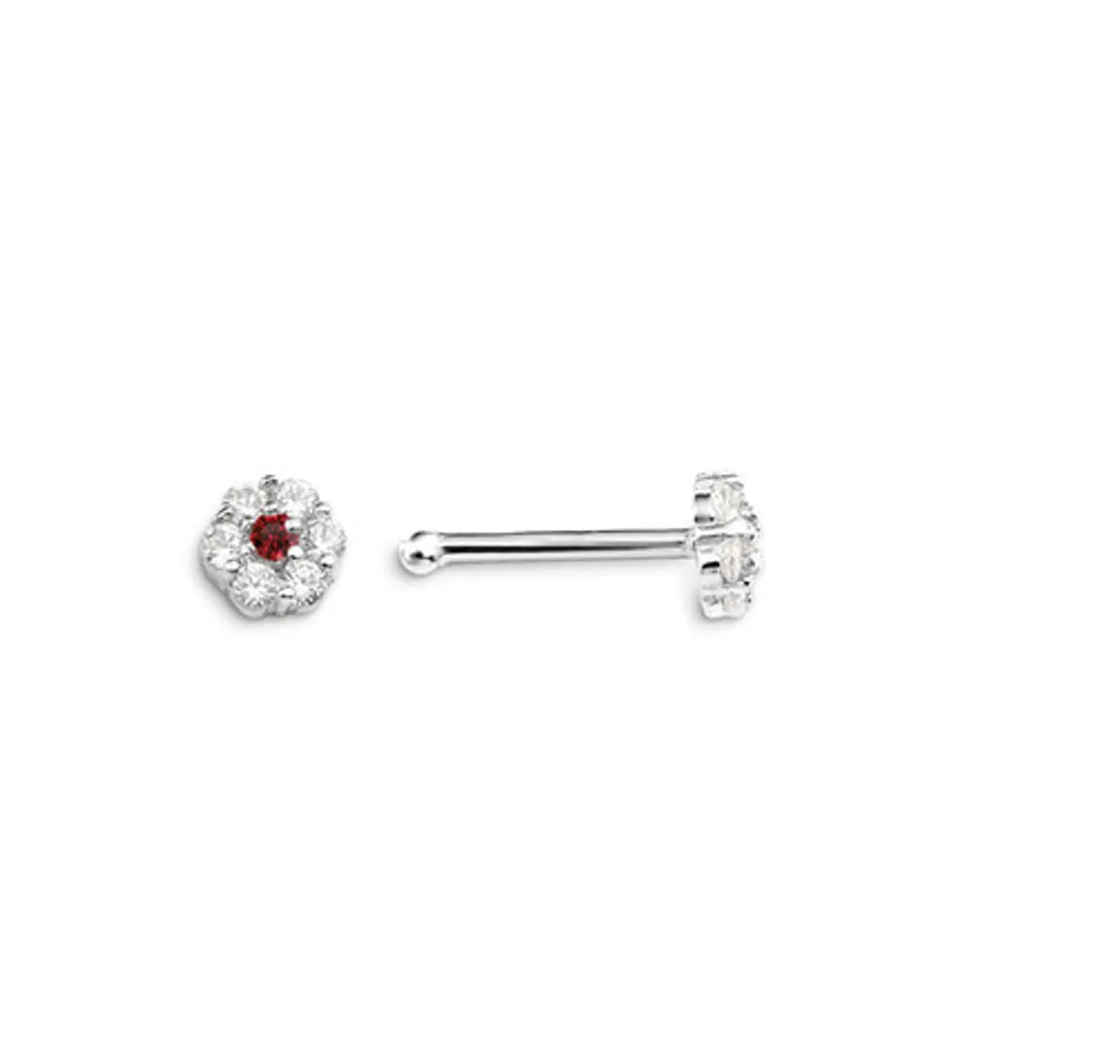 14kt Gold CZ Nosepin, Floral Design with Red CZ Centre