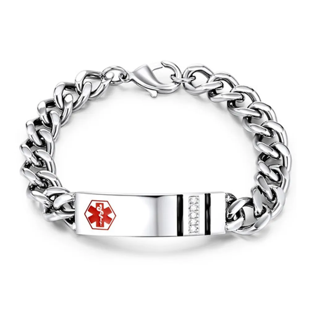 Stainless Steel Medical ID bracelet with CZs and enamel