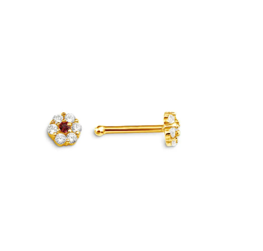 14kt Gold CZ Nosepin, Floral Design with Red CZ Centre