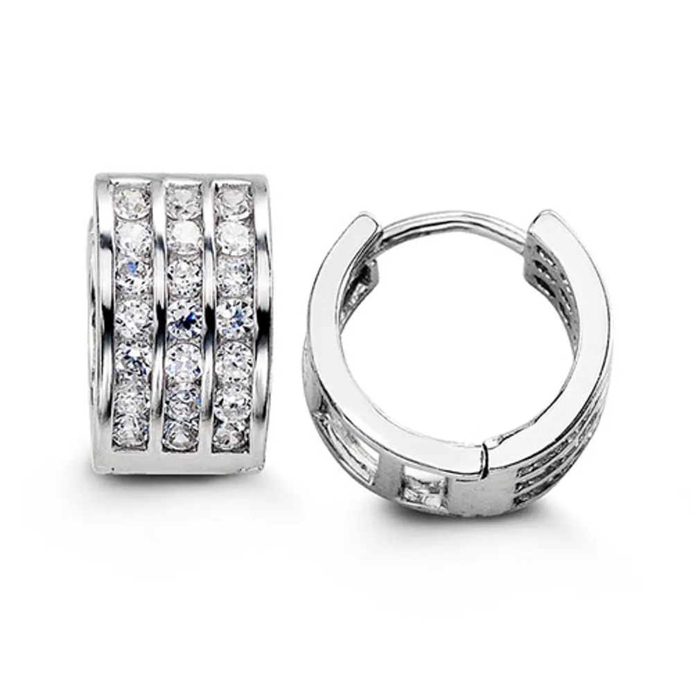 Sterling Silver CZ Huggies, Three Row Channel