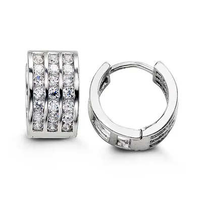 Sterling Silver CZ Huggies, Three Row Channel