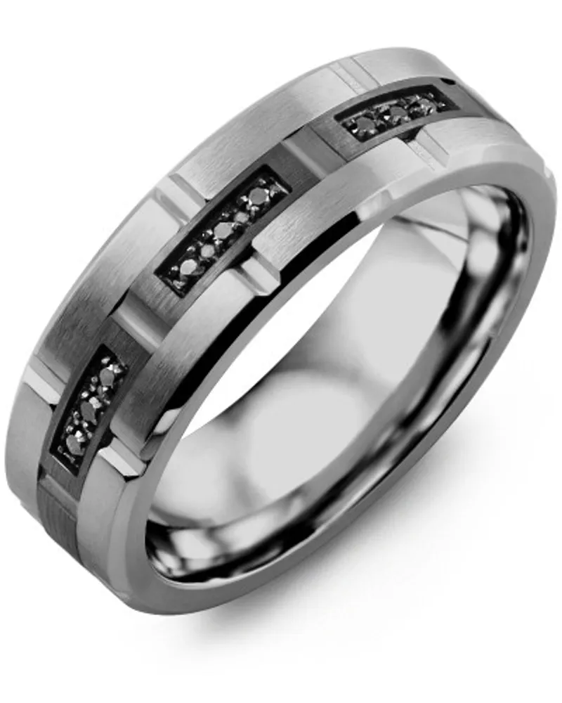 Men's Trio Black Diamond Grooved Wedding Band