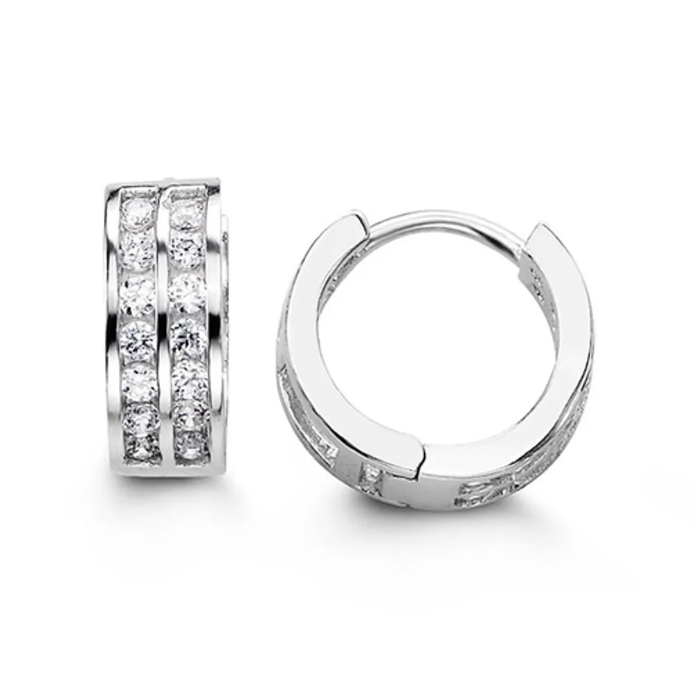 Sterling Silver CZ Huggies, Two Row Channel