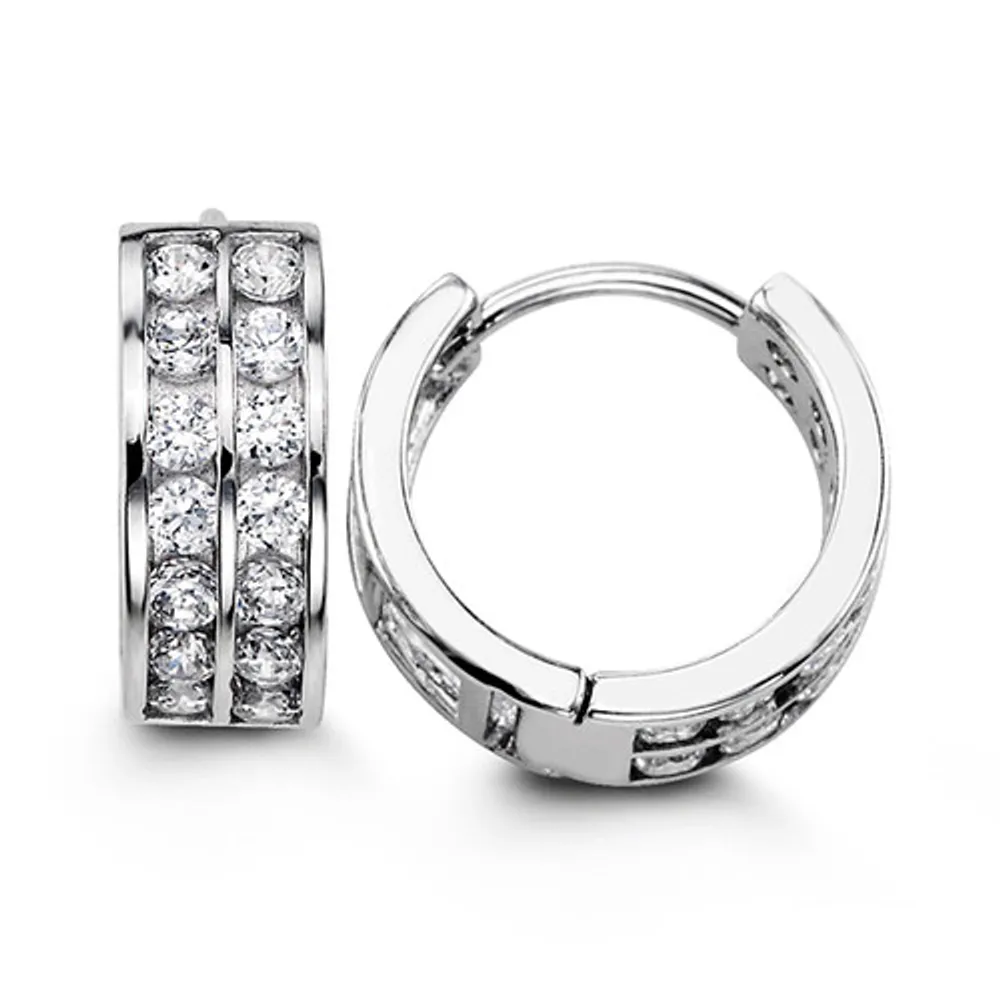 Sterling Silver Fancy Huggies with CZ, Two Row