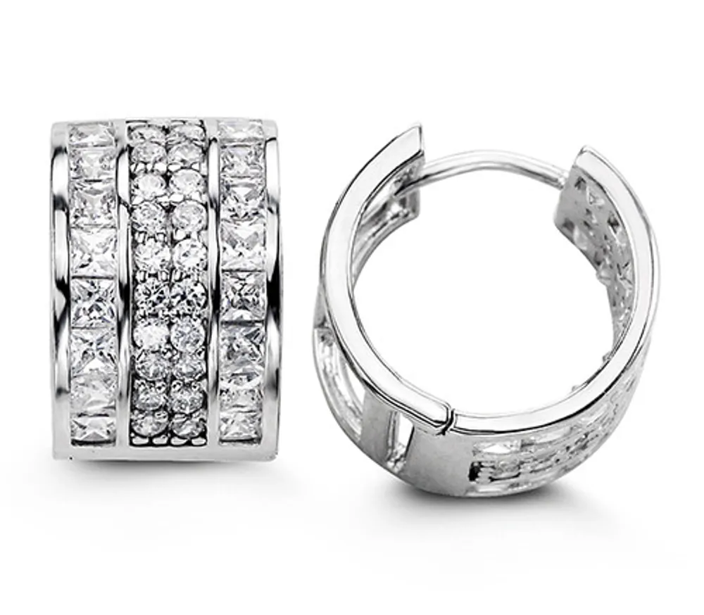 Sterling Silver Fancy Huggies with CZ, Four Row