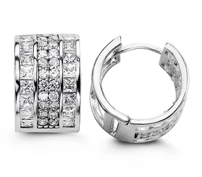 Sterling Silver Fancy Huggies with CZ, Four Row