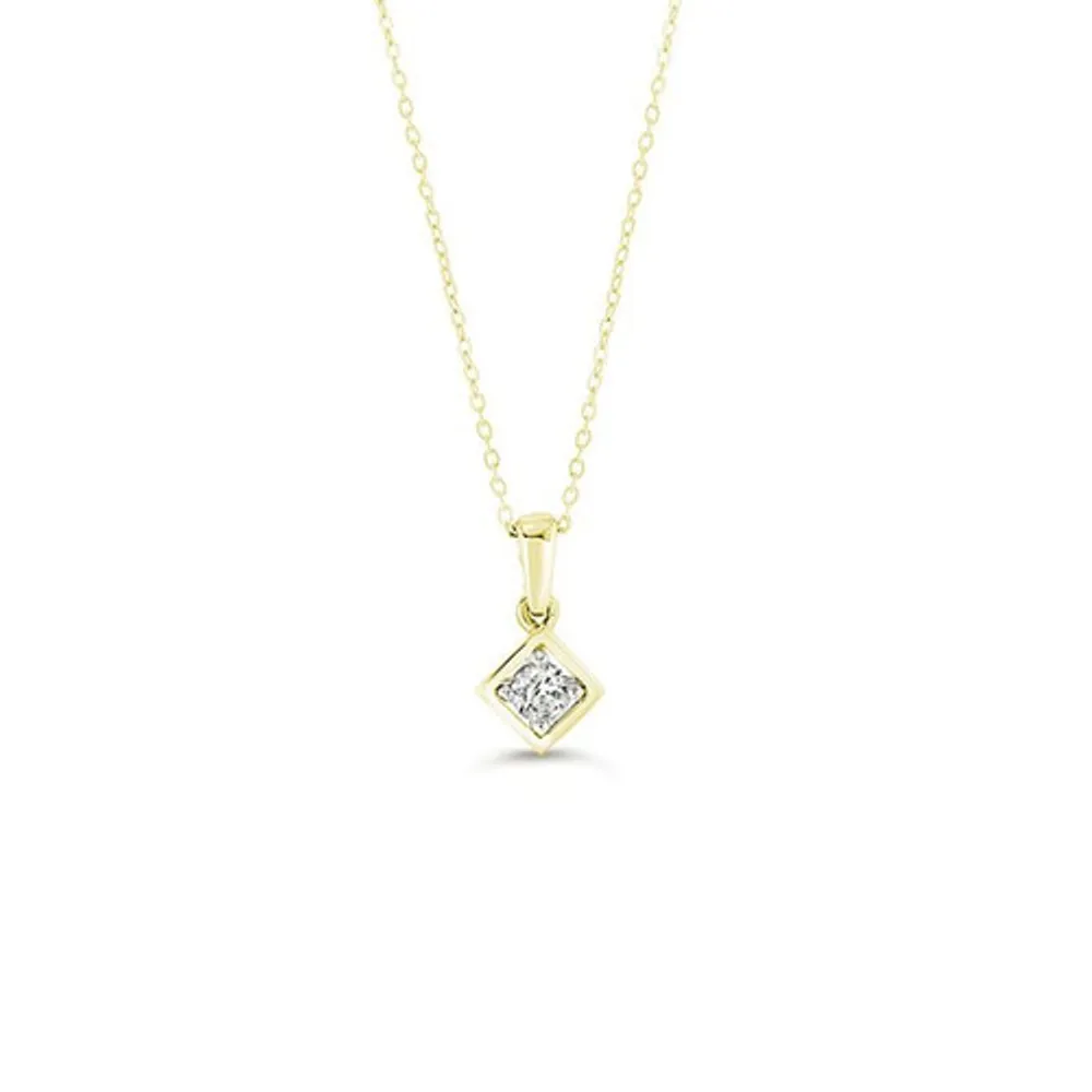 10K YG 0.09CT Diamond 4 Claw Square Pendant with Chain